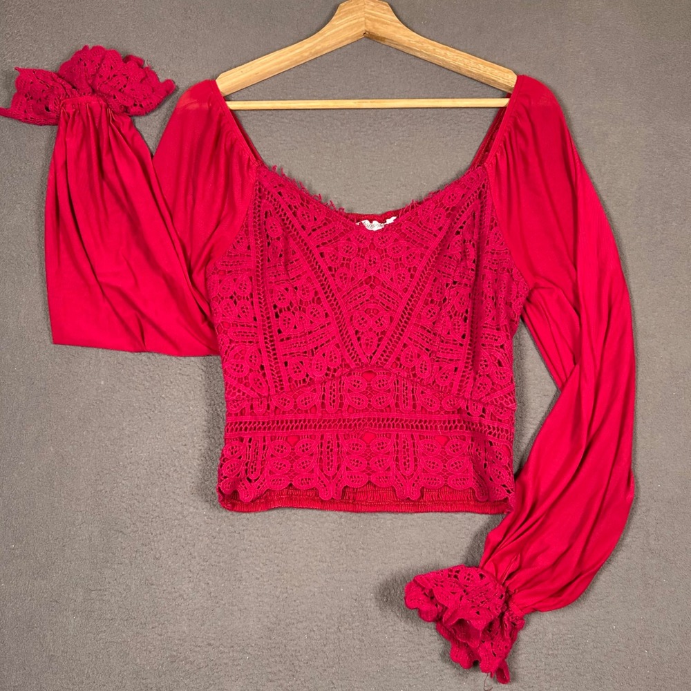 Willow + Root Crochet Top Womens M Red Balloon Sleeve Smocked Boho 5092-TLW